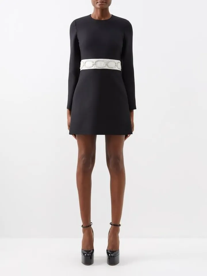 Crepe Couture Belt-embroidered Wool-blend Dress