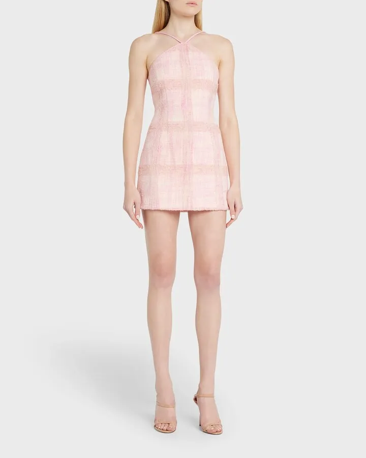 Gandler Pastel Tweed Open-Back Bow Mini Dress
