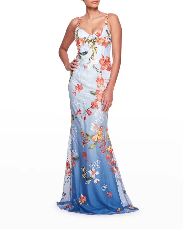 Floral-Embroidered Ombre Tulle Gown