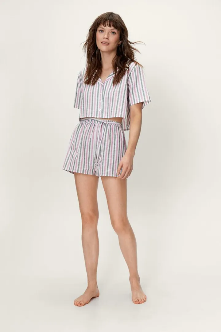 Nasty Gal Womens Cotton Stripe Shirt and Shorts Pajama Set