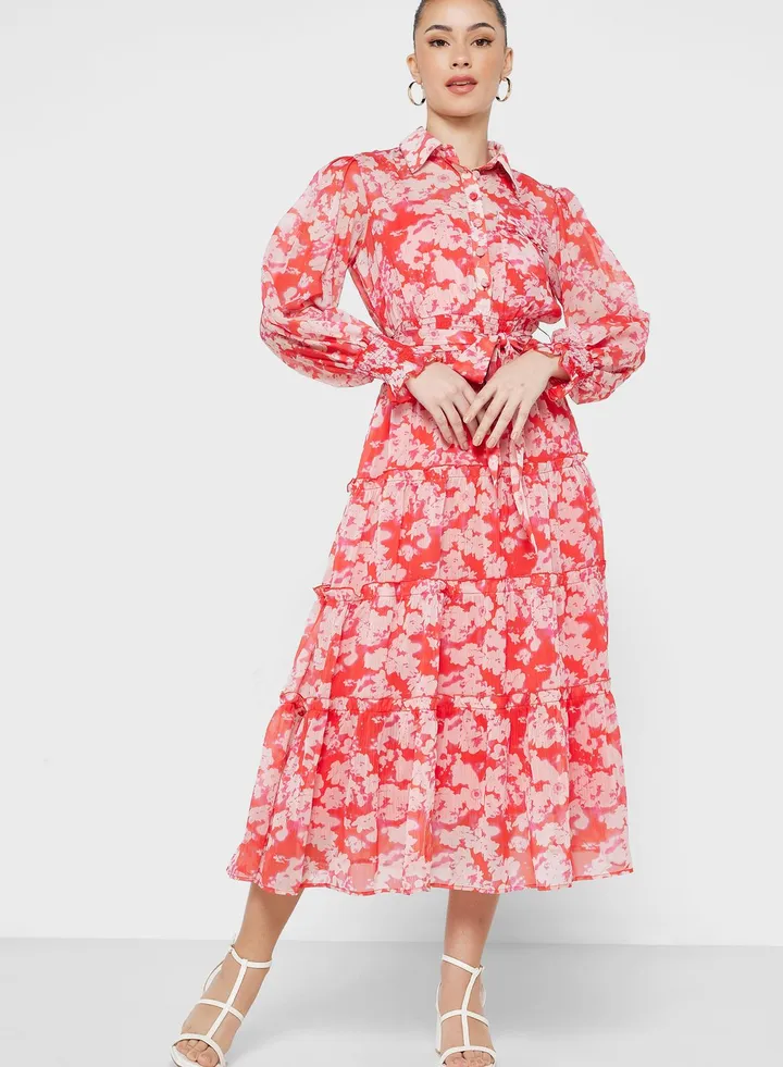 Pocket Detail Printed Tiered Dress