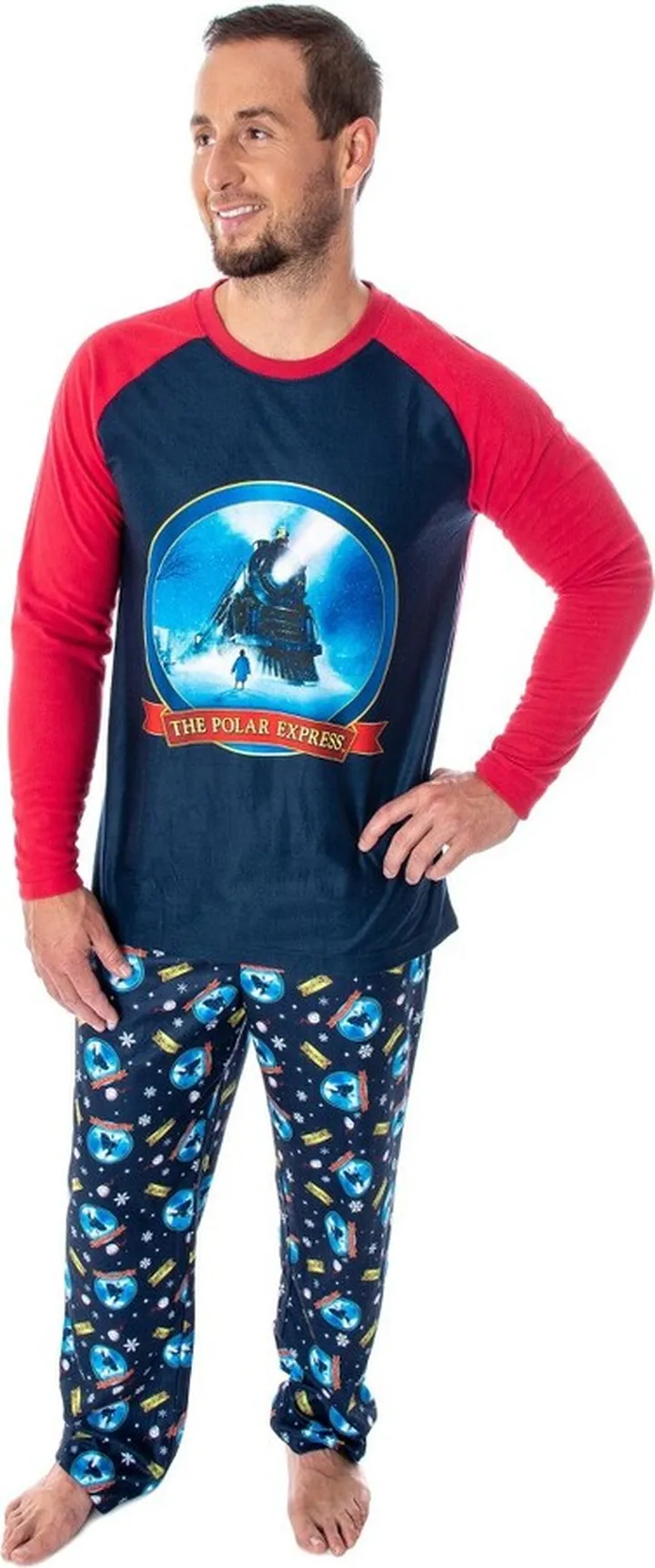 The Polar Express Train Men's Raglan Shirt And Pants 2 Piece Pajama Set (2XL) Multicoloured