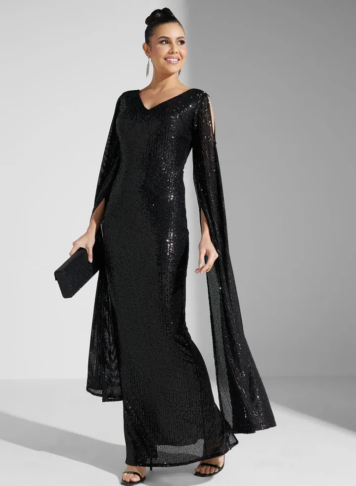 Flute Sleeve Sequin Dress