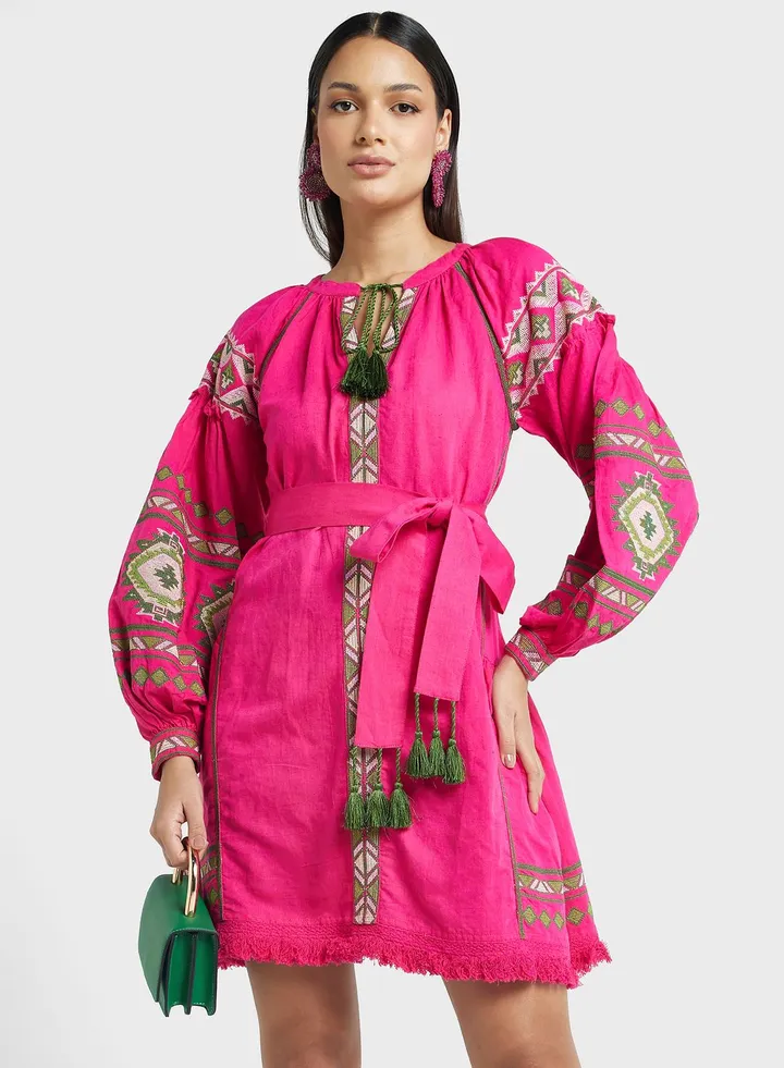 Embroidered Puff Sleeve Dress