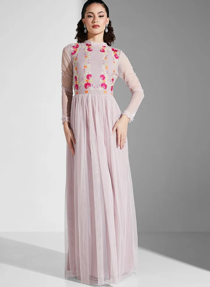 Embellished Plisse Mesh Dress
