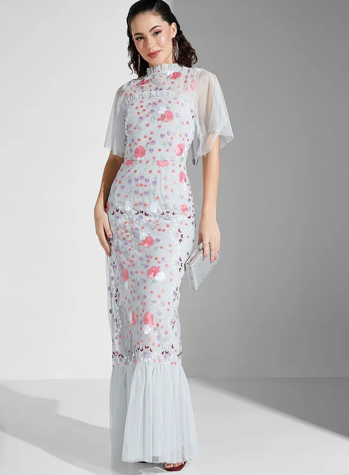 Embellished Puff Sleeve Tiered Dress