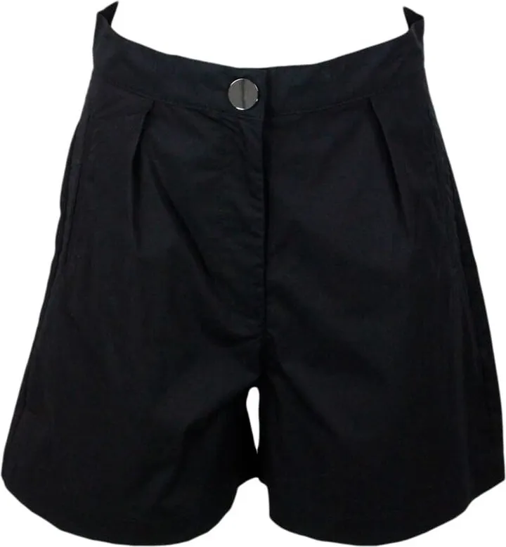 Stretch Cotton Bermuda Shorts With Welt Pockets And Small Pleats At The Waist