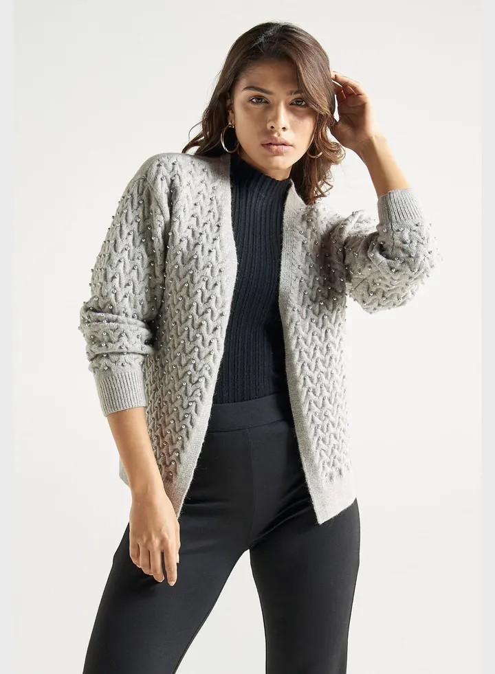 Embellished Ribbed Cardigan