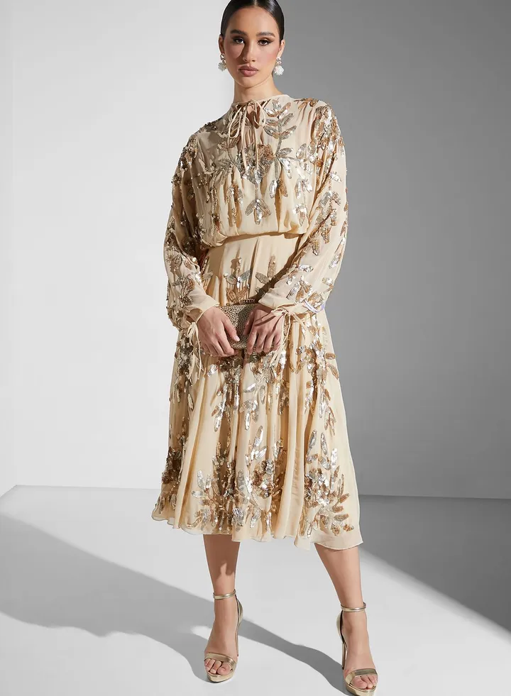 Embellished Balloon Sleeve Dress