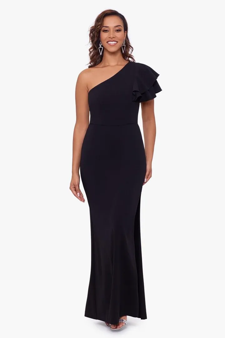 Scuba Crepe One Shoulder Ruffle Dress
