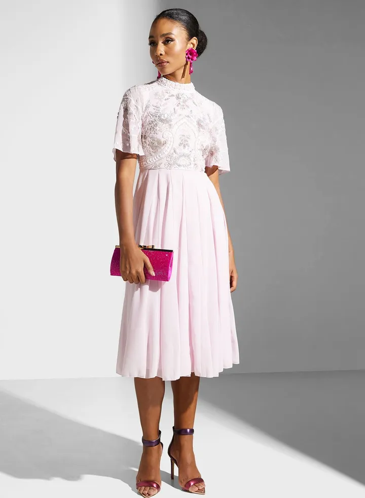 Embroidered Pleated Dress