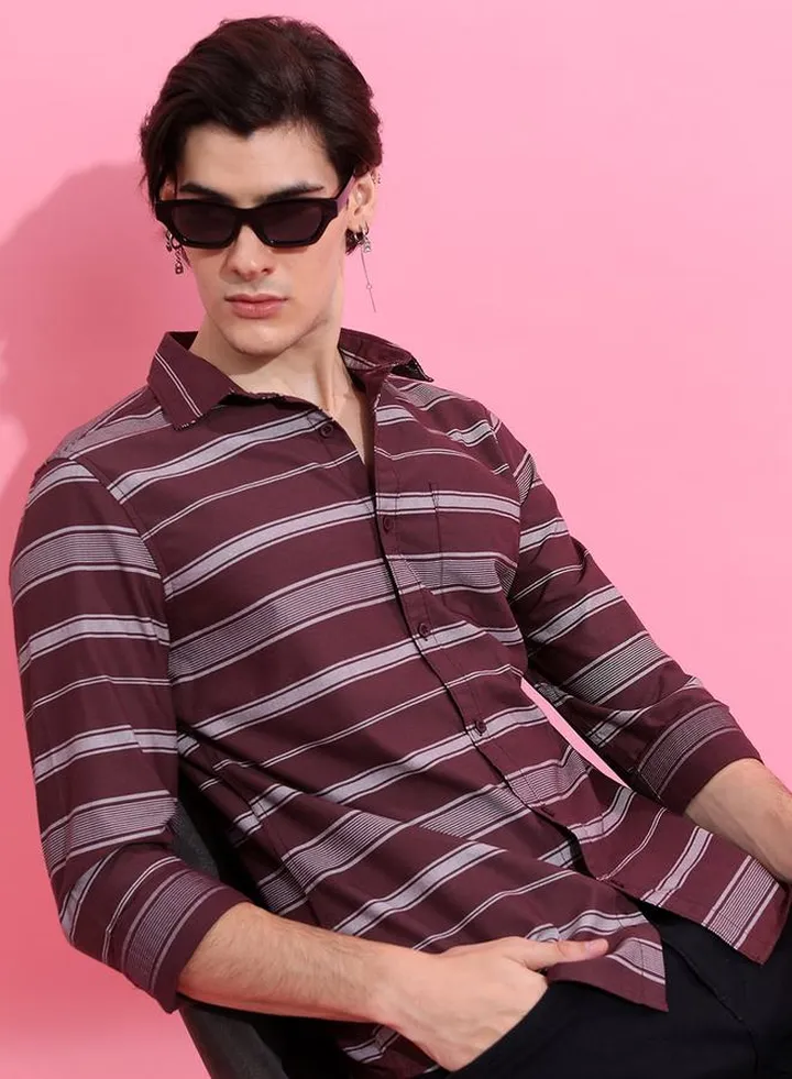 Stripe Print Slim Collar Casual Shirt