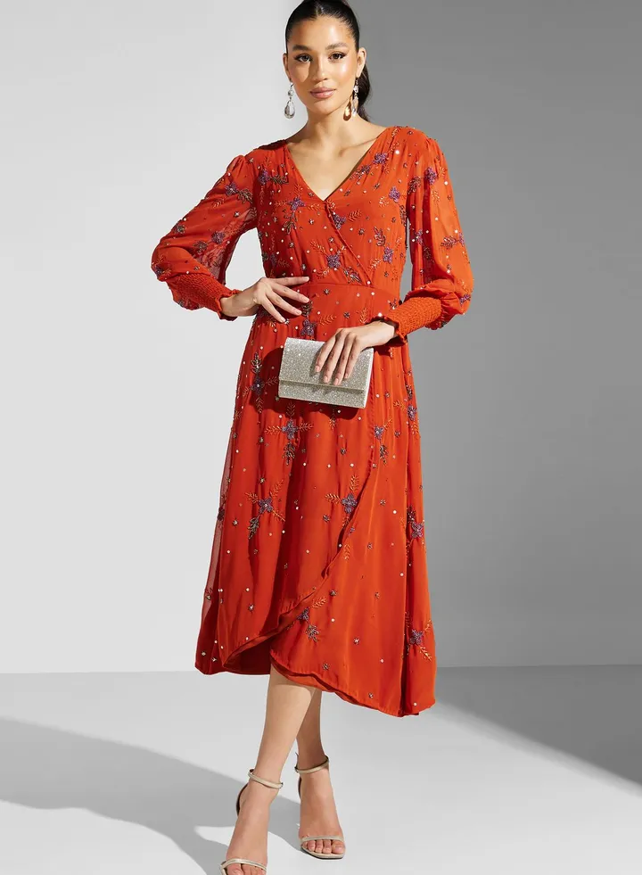 Surplice Neck Floral Printed Dress