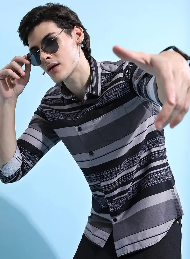 Stripe Print Slim Collar Casual Shirt