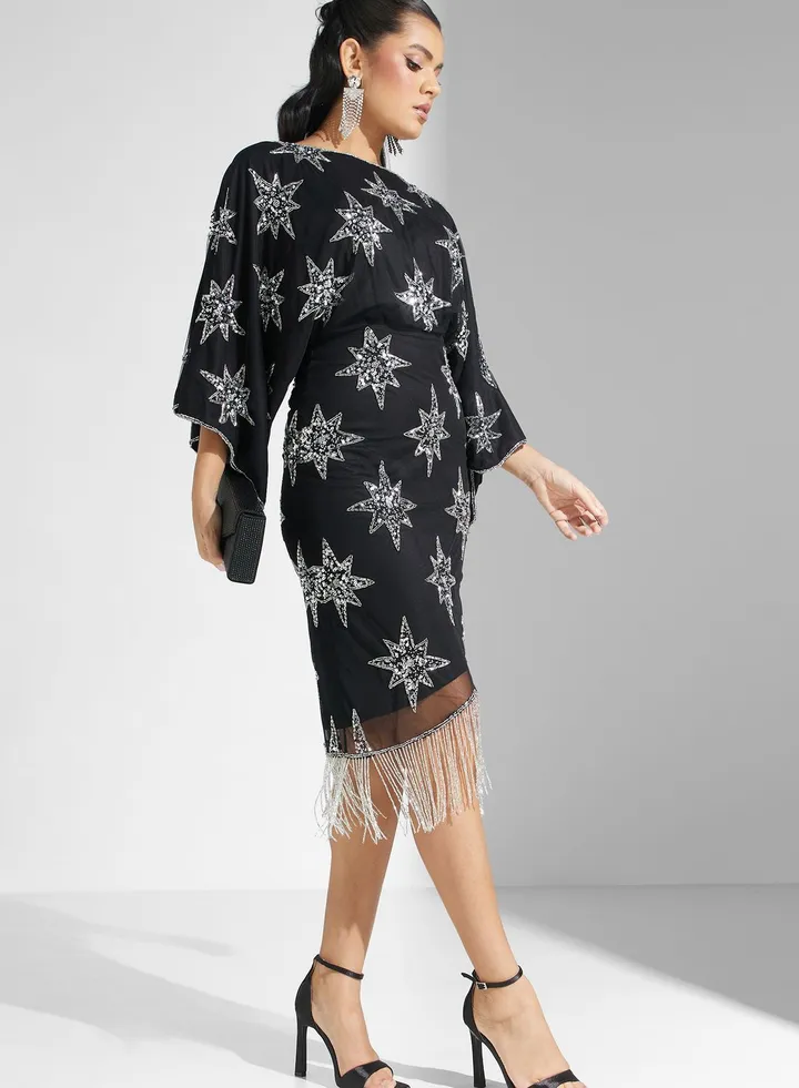 Embroidered Flared Sleeve Dress