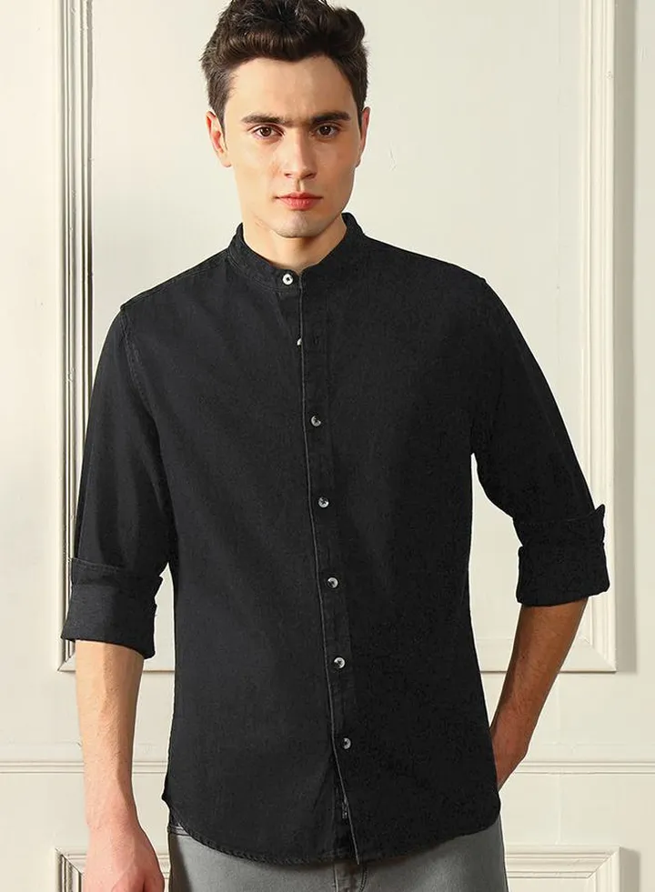 Mandarin Collar Solid Casual Shirt