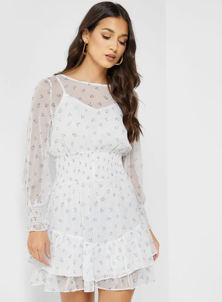 Ruched Waist Ruffle Hem Dress