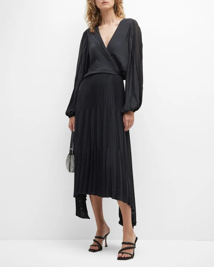 Sadie Long-Sleeve Pleated Midi Dress