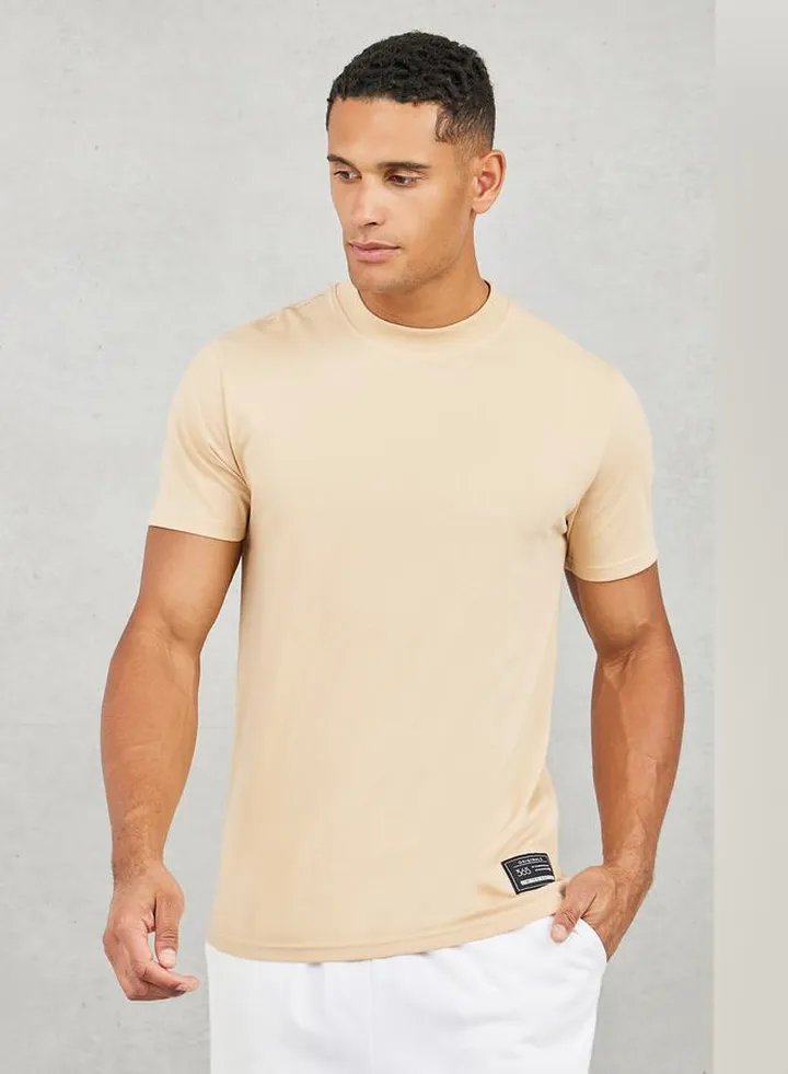 Badge Detail Mock Neck Regular Fit T-Shirt