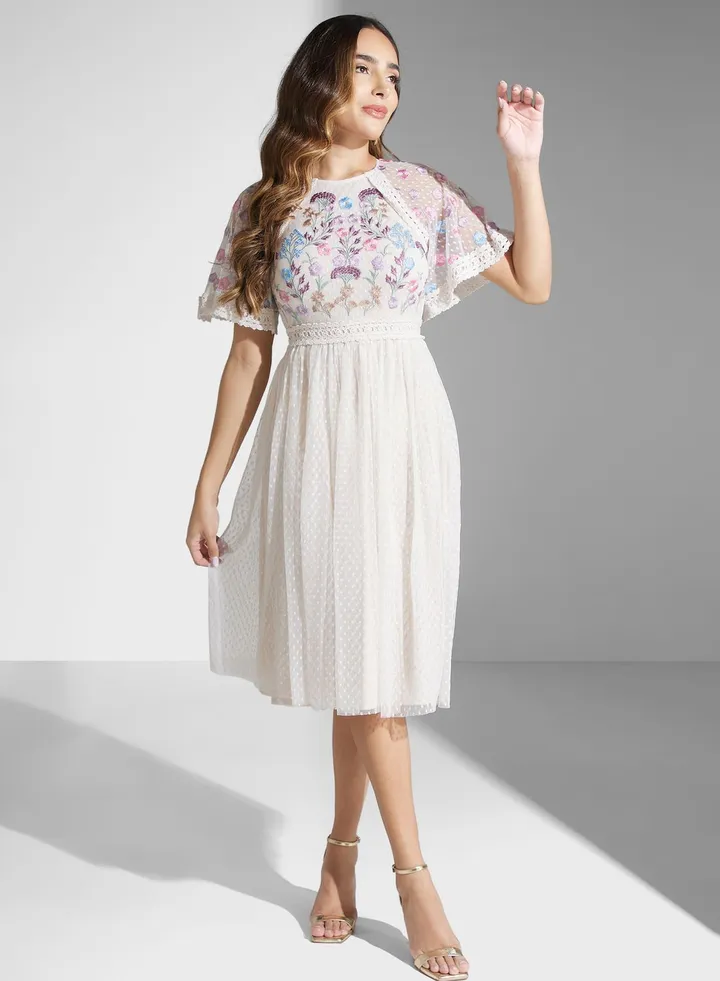 Embroidered Mesh Detail Dress