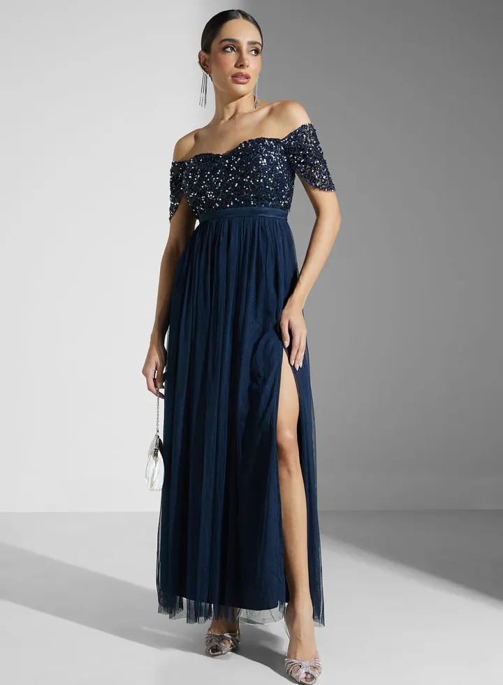 Embellished Sweetheart Neck Bardot Dress