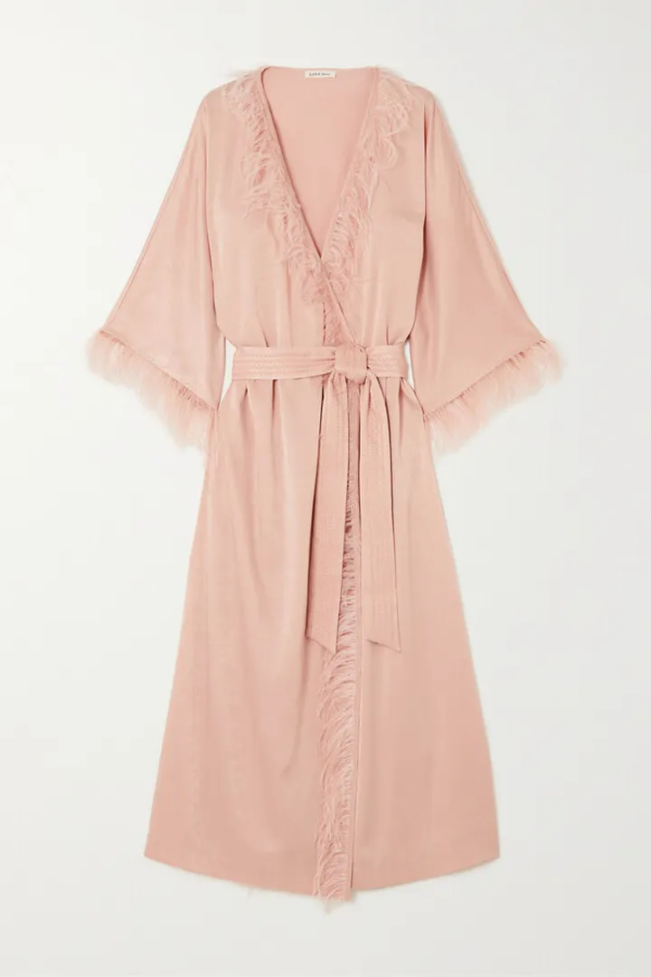 Love Stories - Laura Feather-trimmed Charmeuse Robe - Pink
