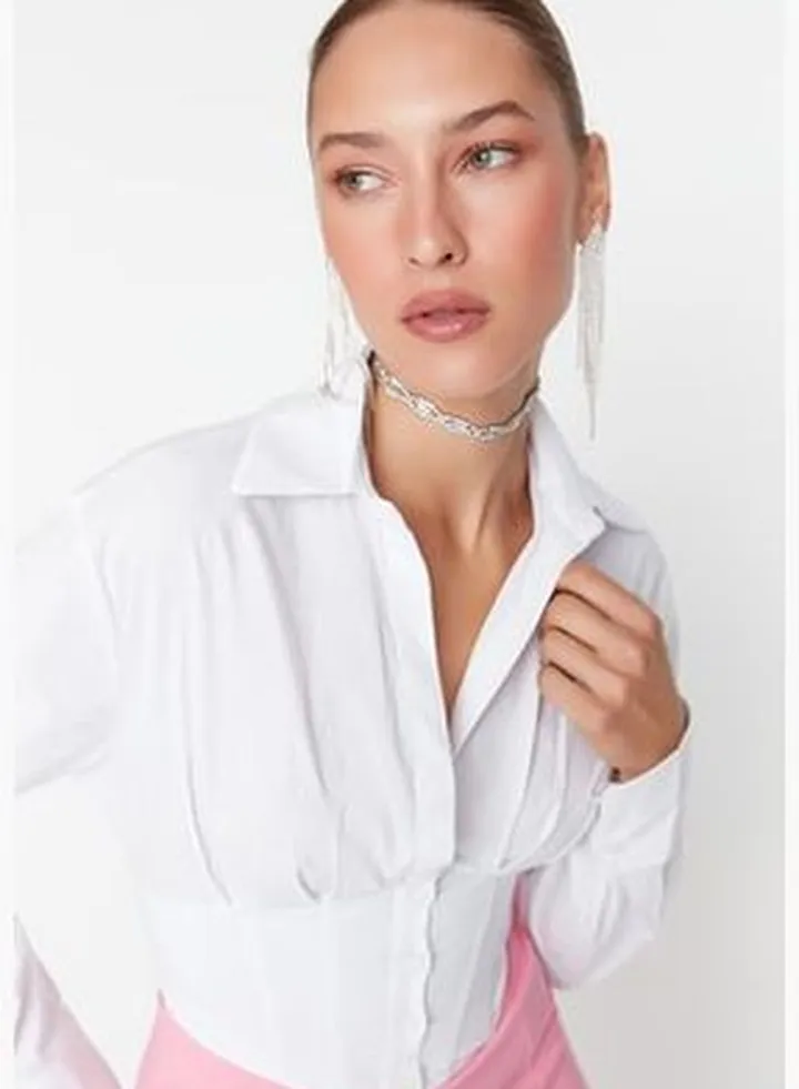 Ecru Crop Lined Corset Detail Poplin Shirt TPRAW23GO00005