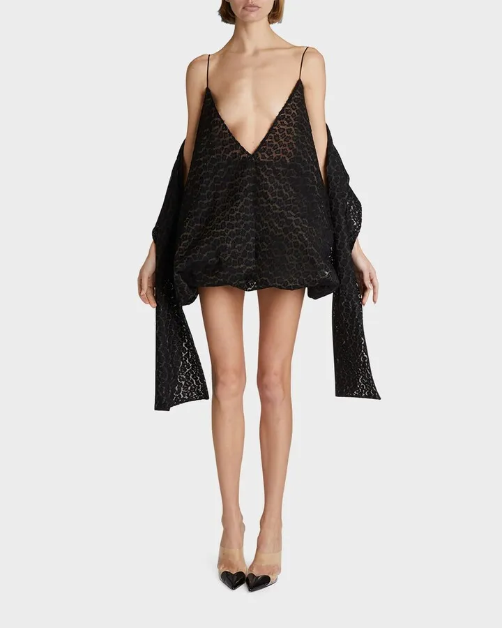 Leopard Lace Bow Mini Bubble Dress