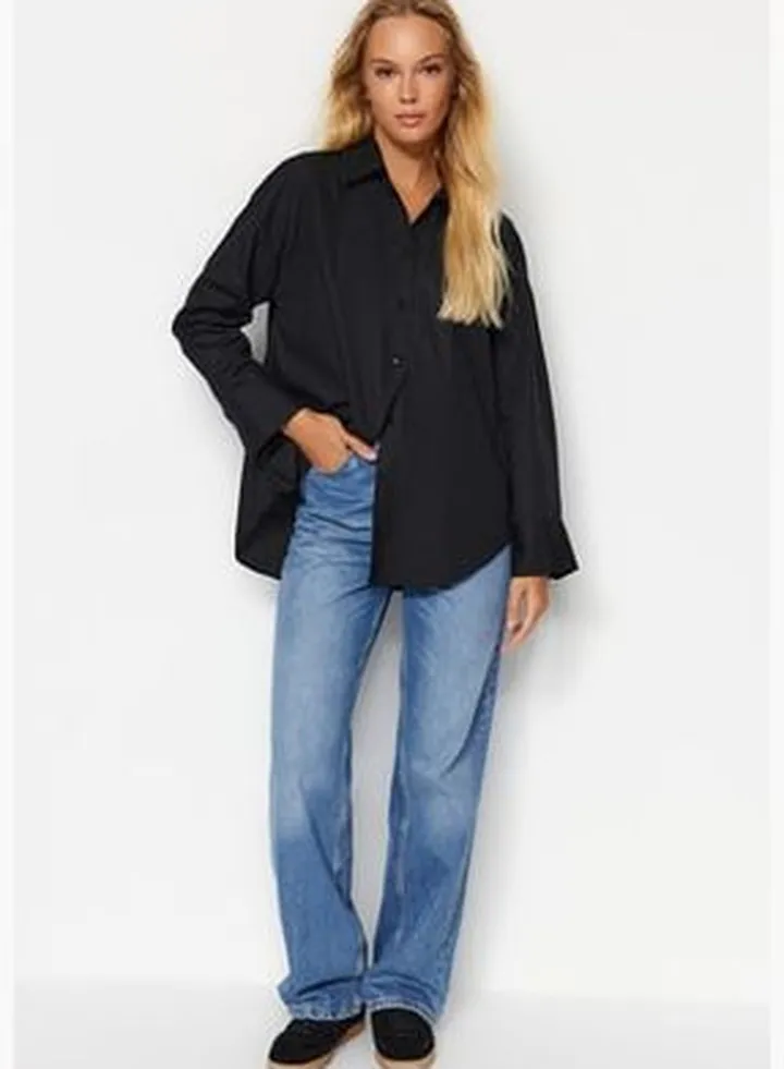 Black Poplin Oversize Woven Shirt TWOAW24GO00209