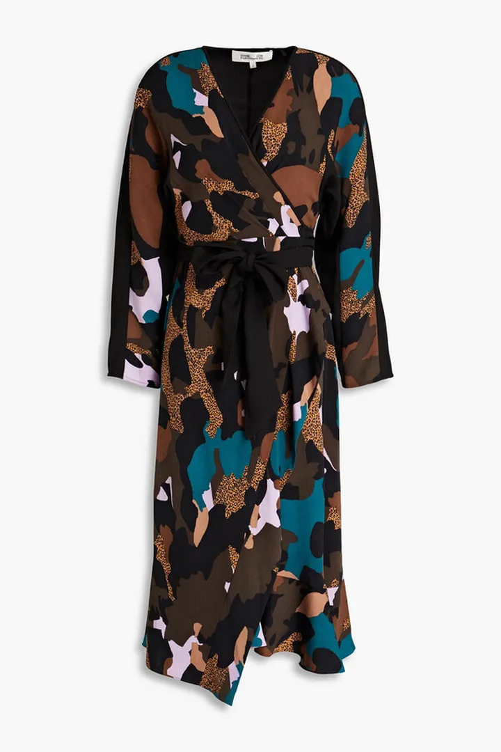 Tulisa ruffle-trimmed printed crepe midi wrap dress