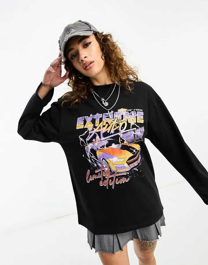 ASOS DESIGN long sleeve t-shirt with extreme auto car graphic in black