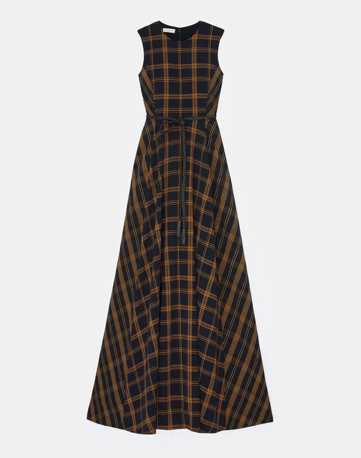 Fine Plaid Crepe Sleeveless Fit Flare Gown