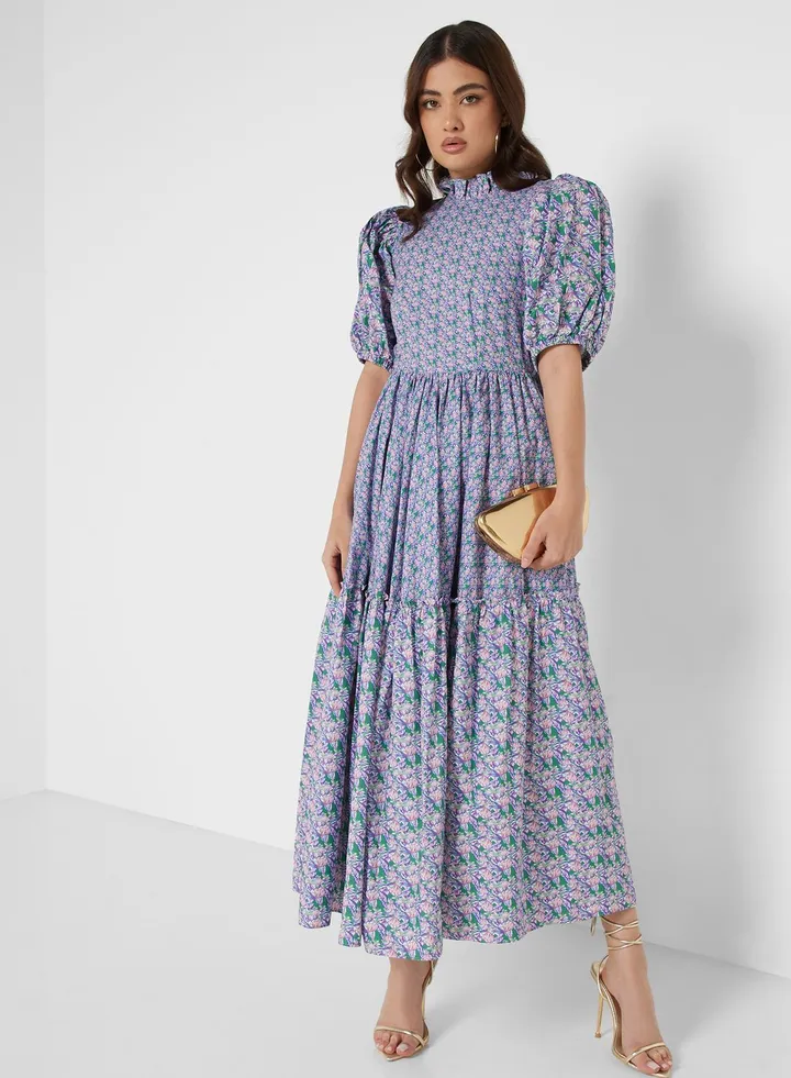 Balloon Sleeve Printed Dress