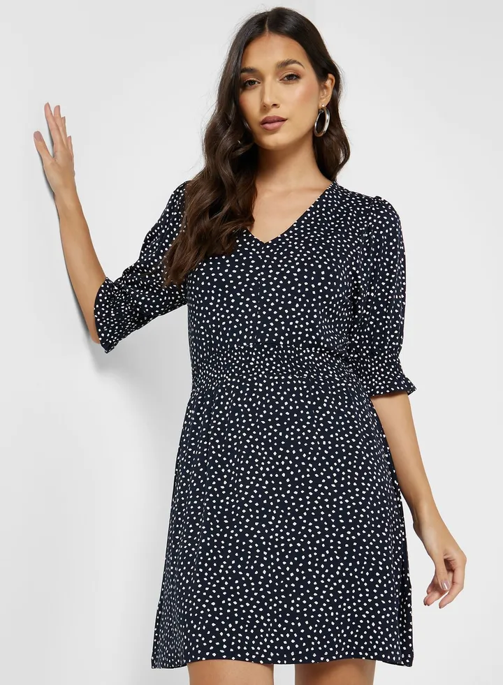 Ruched Sleeve Printed Dress