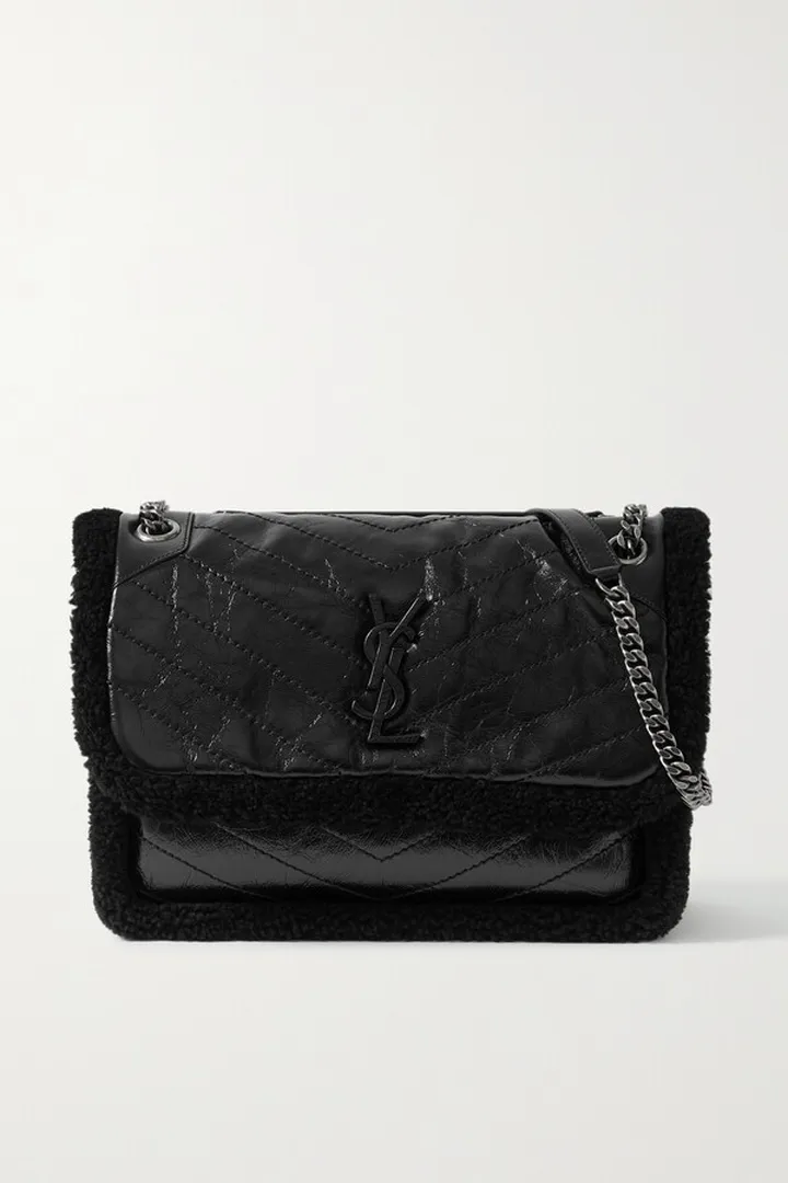 SAINT LAURENT - Niki Medium Shearling-trimmed Quilted Crinkled-leather Shoulder Bag - Black