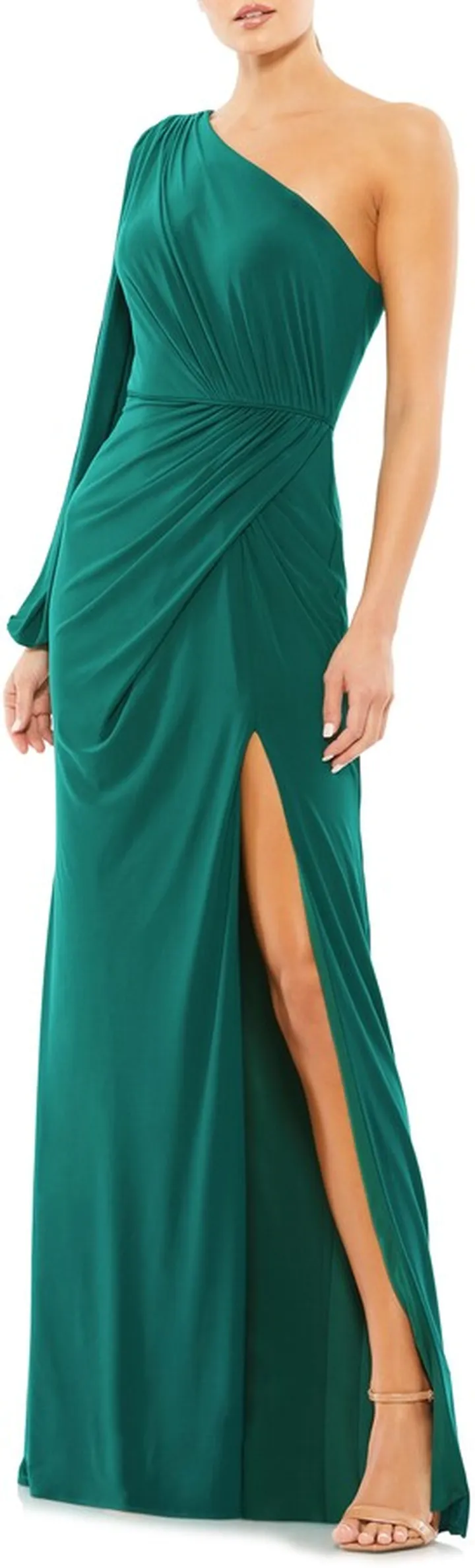 One-Shoulder Long Sleeve Ruched Jersey Gown