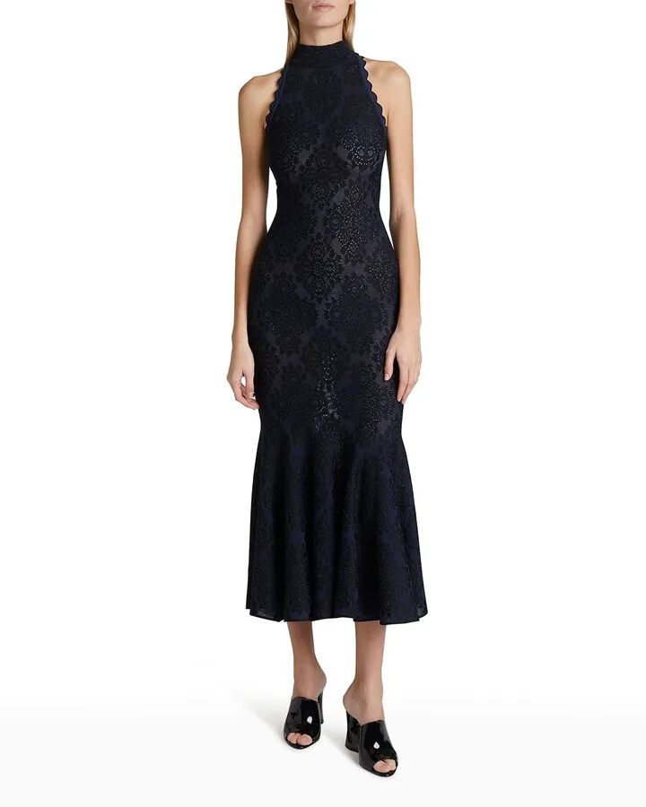 Mesh Floral Lace Flounce-Hem Midi Dress