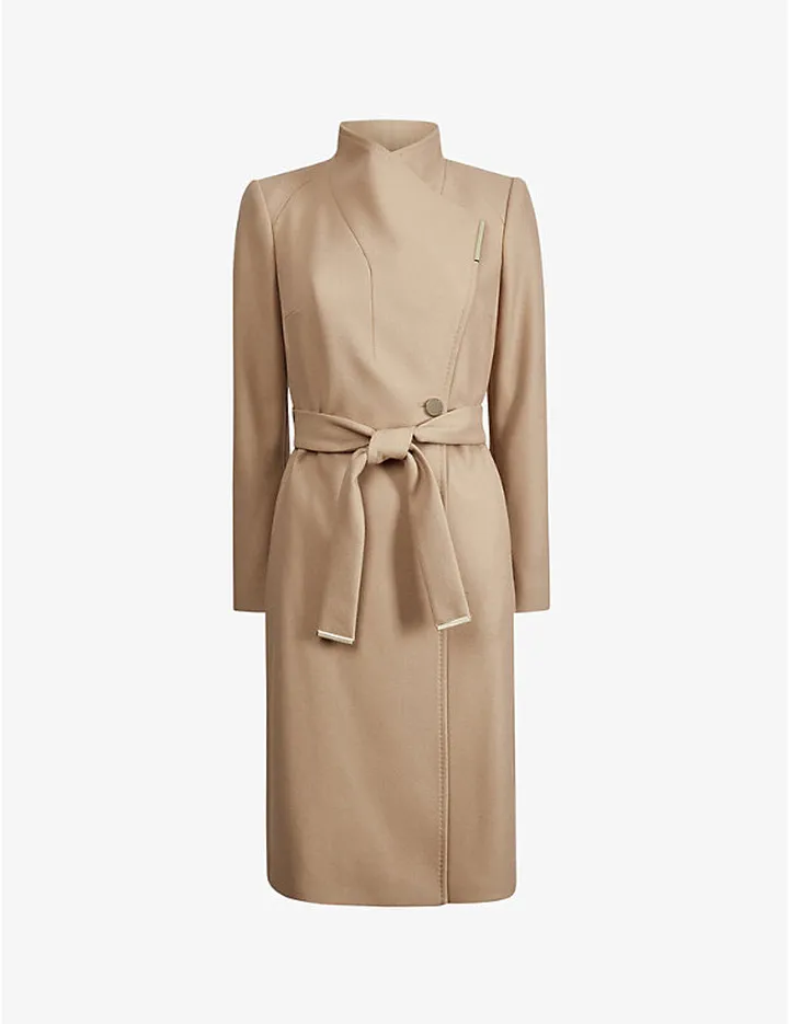 Womens Camel Rose Wrap Wool-blend Coat
