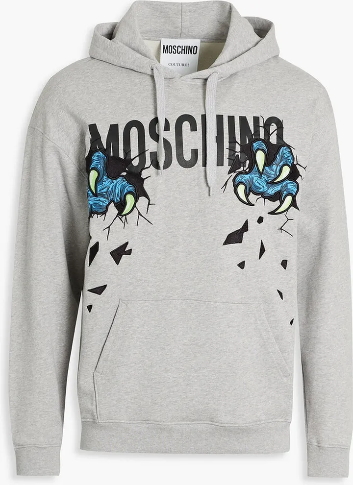 Embroidered printed mélange French cotton-terry hoodie