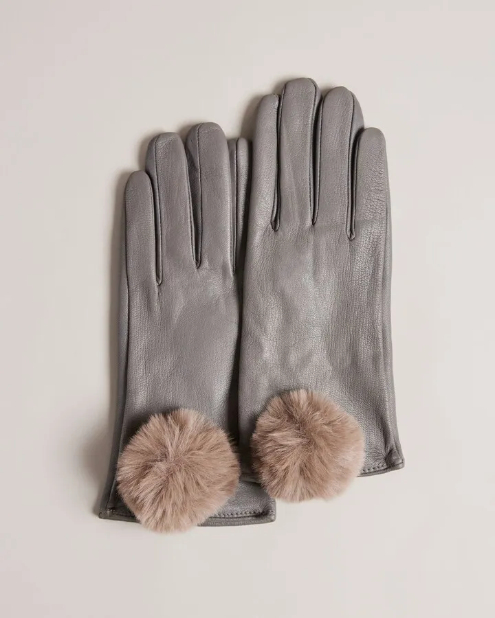 Pom Pom Detail Leather Gloves in Gray