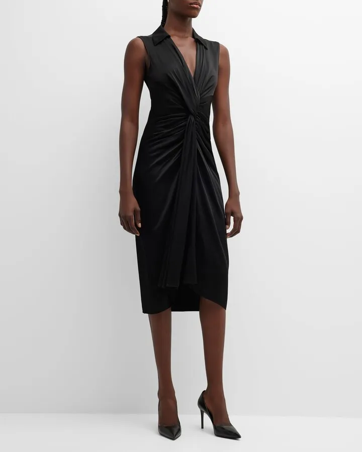 Twisted Drape Sleeveless Charmeuse Midi Shirtdress