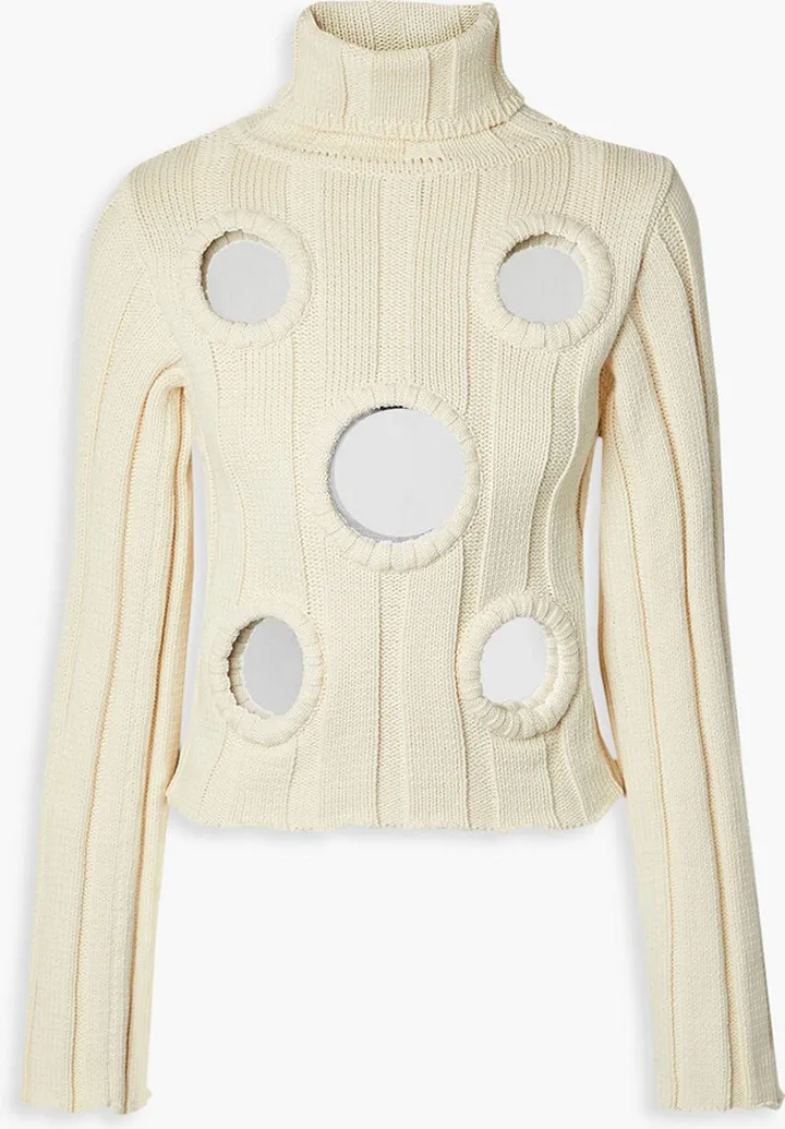 Embellished ribbed cotton-blend turtleneck sweater