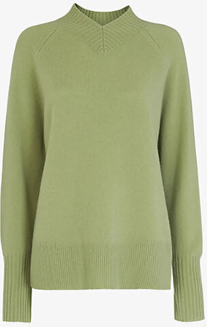 Womens Pale Green High V-neck Merino-wool Jumper