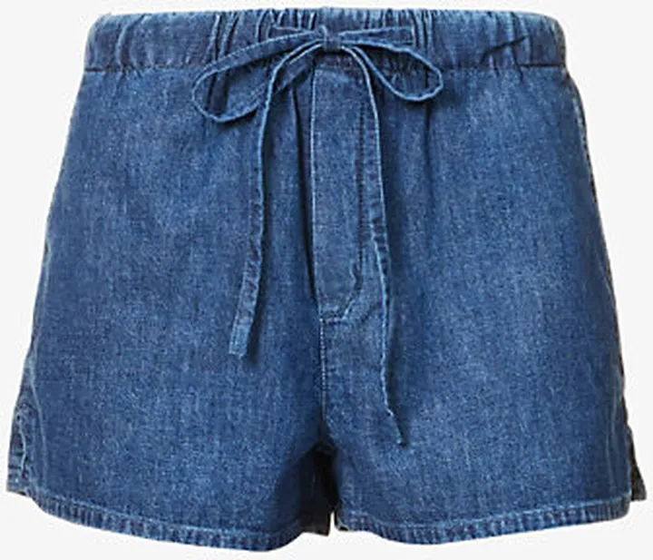 Womens Medium Blue Denim Drawstring Mid-rise Denim Shorts