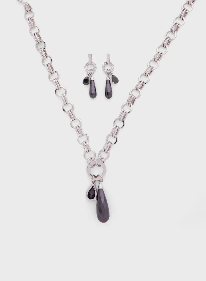 Jet Teardrop Necklace+Earrings Set