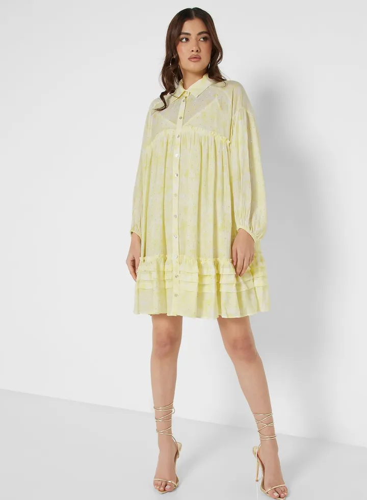Frill Detail Button Down Flowy Dress