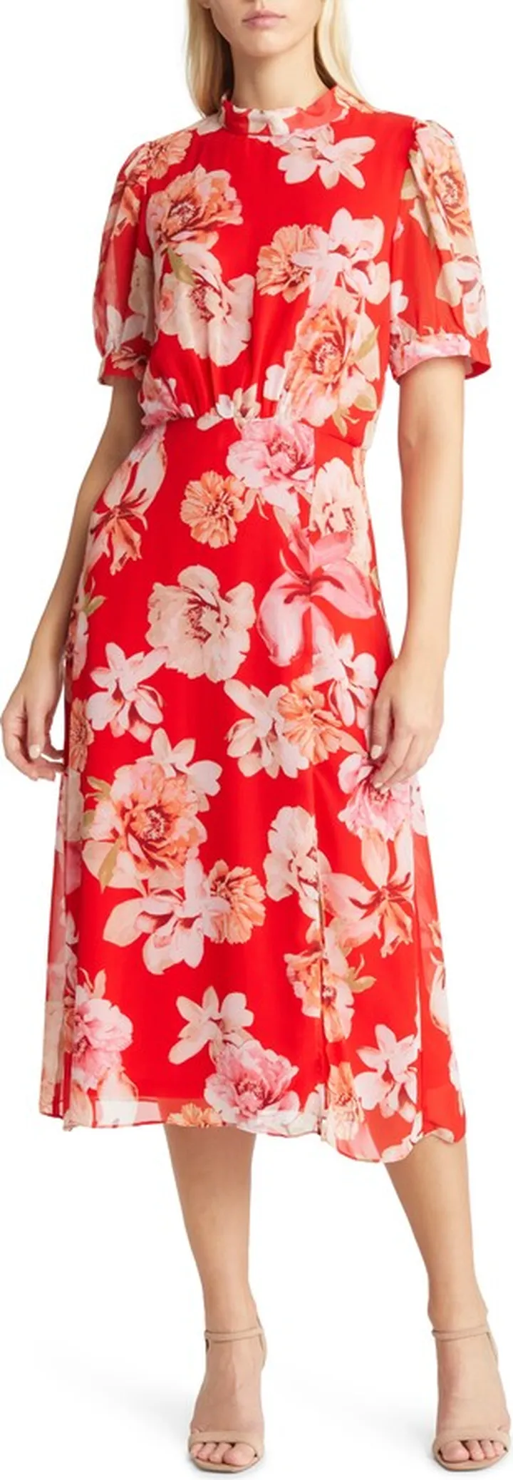 Floral Puff Sleeve Mock Neck Midi Dress