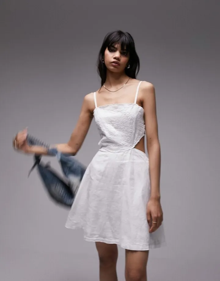 Topshop eyelet linen mini dress in white