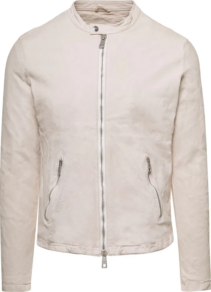 Beige Jacket With Two-way Zip In Leather Man