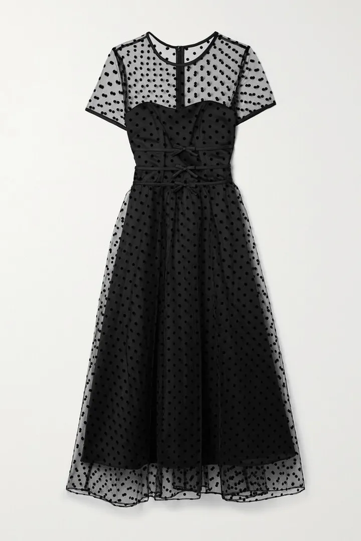 HVN - Scarlett Bow-embellished Flocked Tulle And Satin Midi Dress - Black
